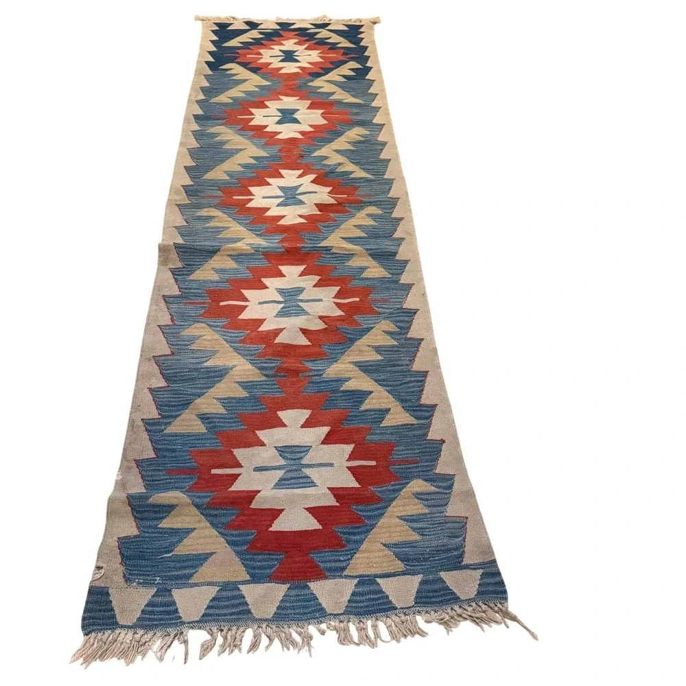 Vintage Southwestern Kilim Runner Rug Home 3x10 Blue Red \Wool Flatweave READ